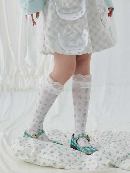 HelpHelp Harajuku style mid-calf socks with floral print and delicate lace trim, adding a touch of elegance and cuteness to any outfit.