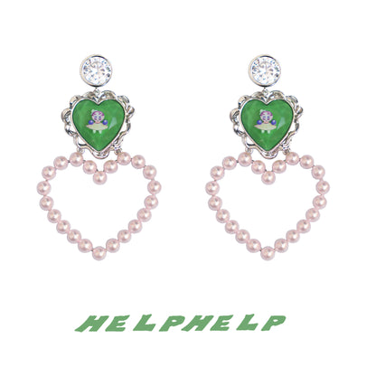 HelpHelp Harajuku style heart-shaped resin pearl zircon metal ear studs, featuring a charming and elegant design for a kawaii yet sophisticated look.