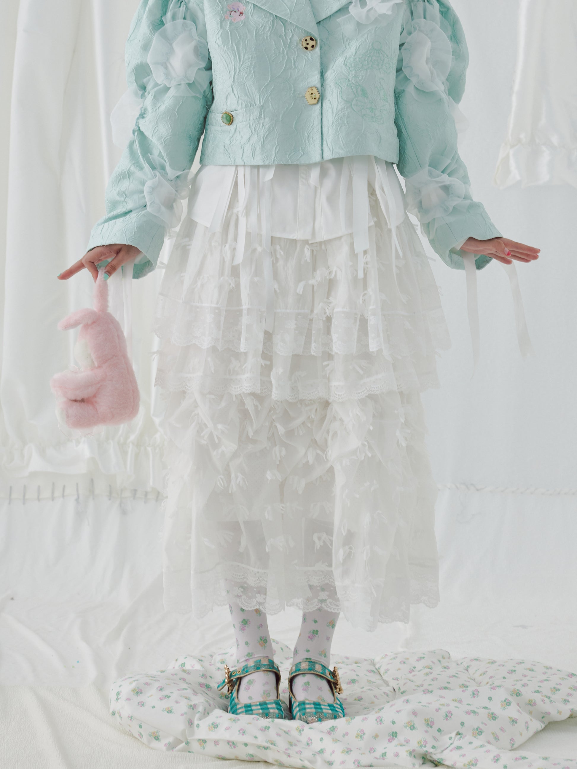 HelpHelp Harajuku style organza fluffy double-layered cake skirt, featuring a dreamy silhouette with soft, airy layers for a kawaii and elegant look.