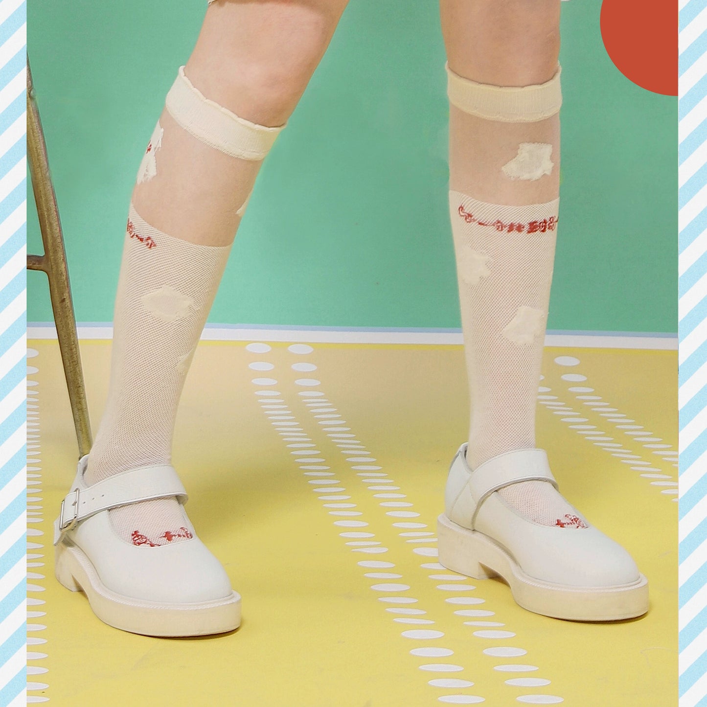 Harajuku-style HELPHELP illustration transparent cute glass silk cotton knee-high socks in thin version with adorable design.