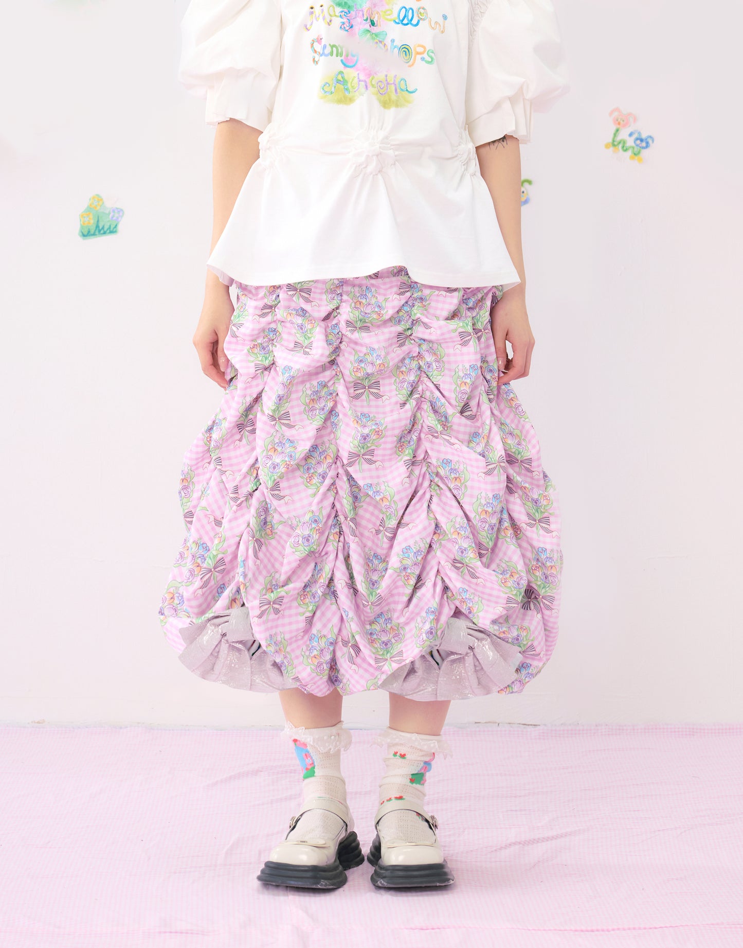 HelpHelp pink floral ruffled layered puff skirt with a stylish metal bow, adding a cute touch to your outfit.