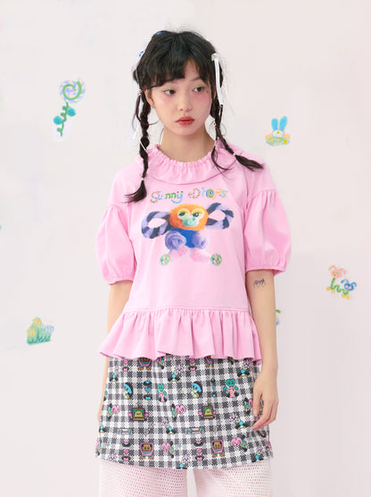 HELPHELP pink puff sleeve cropped summer t-shirt with vibrant colorful print for a playful, fresh look.