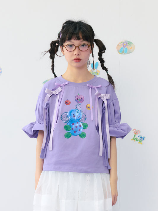 HELPHELP purple printed cotton short-sleeve t-shirt with bow and lace trim, perfect for a cute summer style.