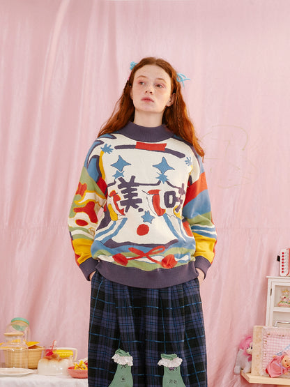 Harajuku-style HELPHELP reversible purple sweater featuring colorful food illustrations for a fun and cozy look.