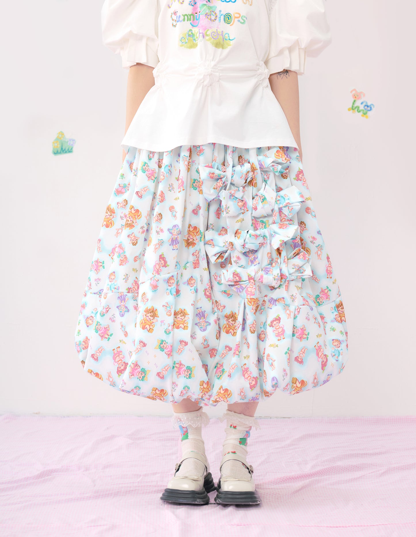 Harajuku Skirt Bow Skirt Multicolor Printed Skirt Blue Oversized Skirt skirt HELPHELP