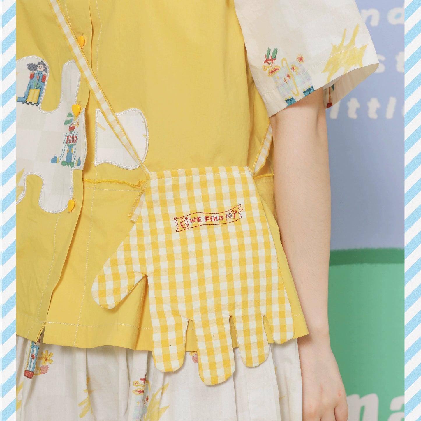 Harajuku-style HELPHELP summer yellow checkered crossbody bag with embroidered palm shape and playful design.