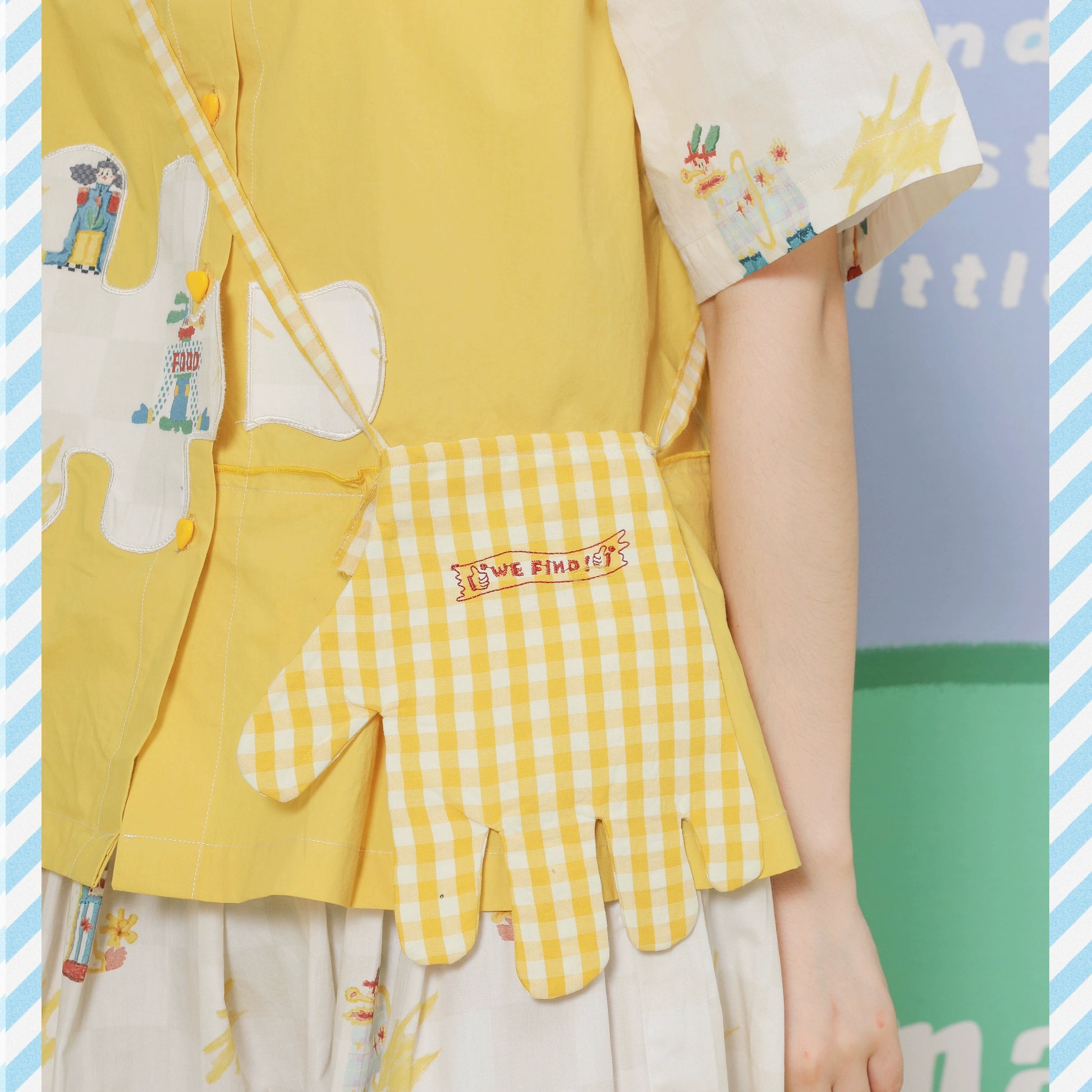 Harajuku-style HELPHELP summer yellow checkered crossbody bag with embroidered palm shape and playful design.