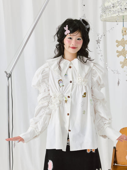 HELPHELP white long sleeve shirt with vibrant colorful print and sparkling rhinestone detailing for a chic, eye-catching look.