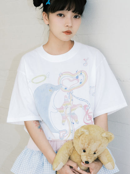 Meugler Animal Paradise Harajuku-style white T-shirt featuring a hand-drawn dolphin moon cartoon print, perfect for a cute and playful couples' look.