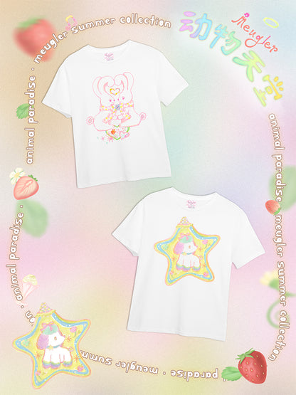 Meugler Animal Paradise white couple T-shirt featuring double bunny and heart/star puppy prints for a cute and playful matching look.