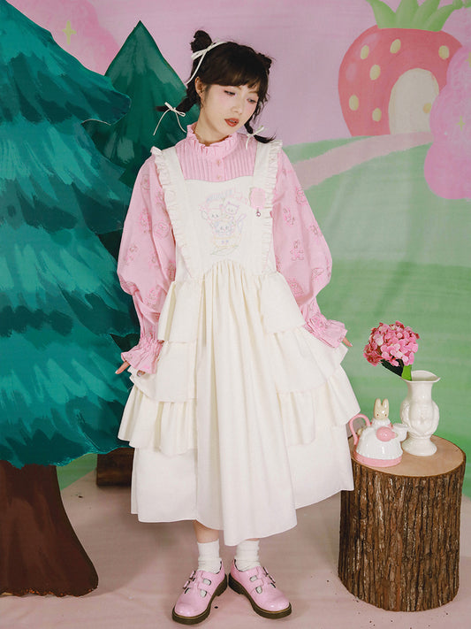 Meugler Forest Secret Harajuku-style white Lolita apron vest dress featuring delicate teapot cat embroidery for a charming and elegant look.