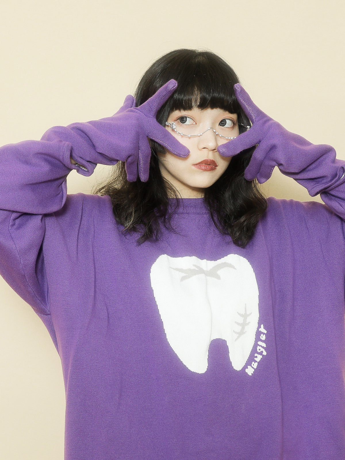 Harajuku-style Meugler Magic Teeth purple hoodie with double-layered design and trendy cut-out details.