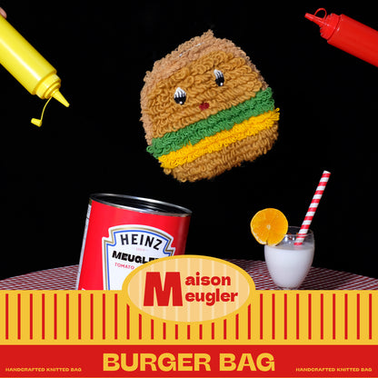 Meugler non-edible burger-shaped handcrafted wool crochet crossbody camera bag, featuring a fun and quirky design perfect for statement fashion lovers.