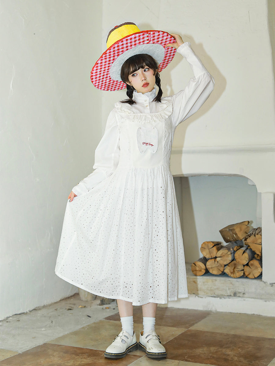 Meugler Vintage Embroidered Antiques Store Print White Sleeveless Dress with Lattice Design dress Meugler