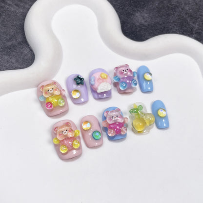 Meugler Harajuku-style Puppy Candy Hug Bear handmade wearable nail set featuring cute dopamine-inspired teddy bear designs, bringing playful charm and a colorful touch to your nails.