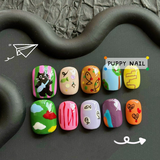 Harajuku-style Puppy Cat Fishing hand-painted cute cartoon nail art featuring playful, adorable designs of a cat fishing for a fun and whimsical look.