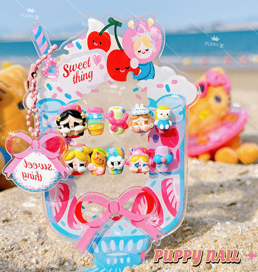 Harajuku-style Puppy Crying Doll ice cream 3D wearable nail art, featuring cute cartoon dopamine summer beach-themed designs on colorful nails for a playful, fun vibe.