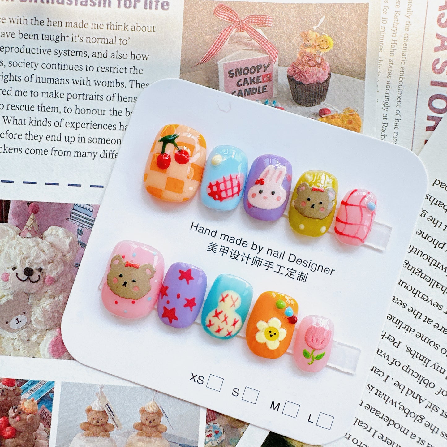 Harajuku-style Puppy dopamine bear sticker handcrafted nail art featuring colorful, playful bear designs for a fun, expressive look.