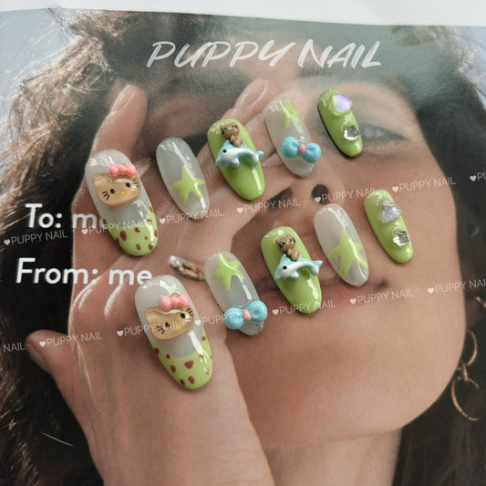 Meugler Harajuku-style Puppy French long oval green dopamine nails featuring cute kitty and leopard print designs, combining playful elements with a bold and trendy look.