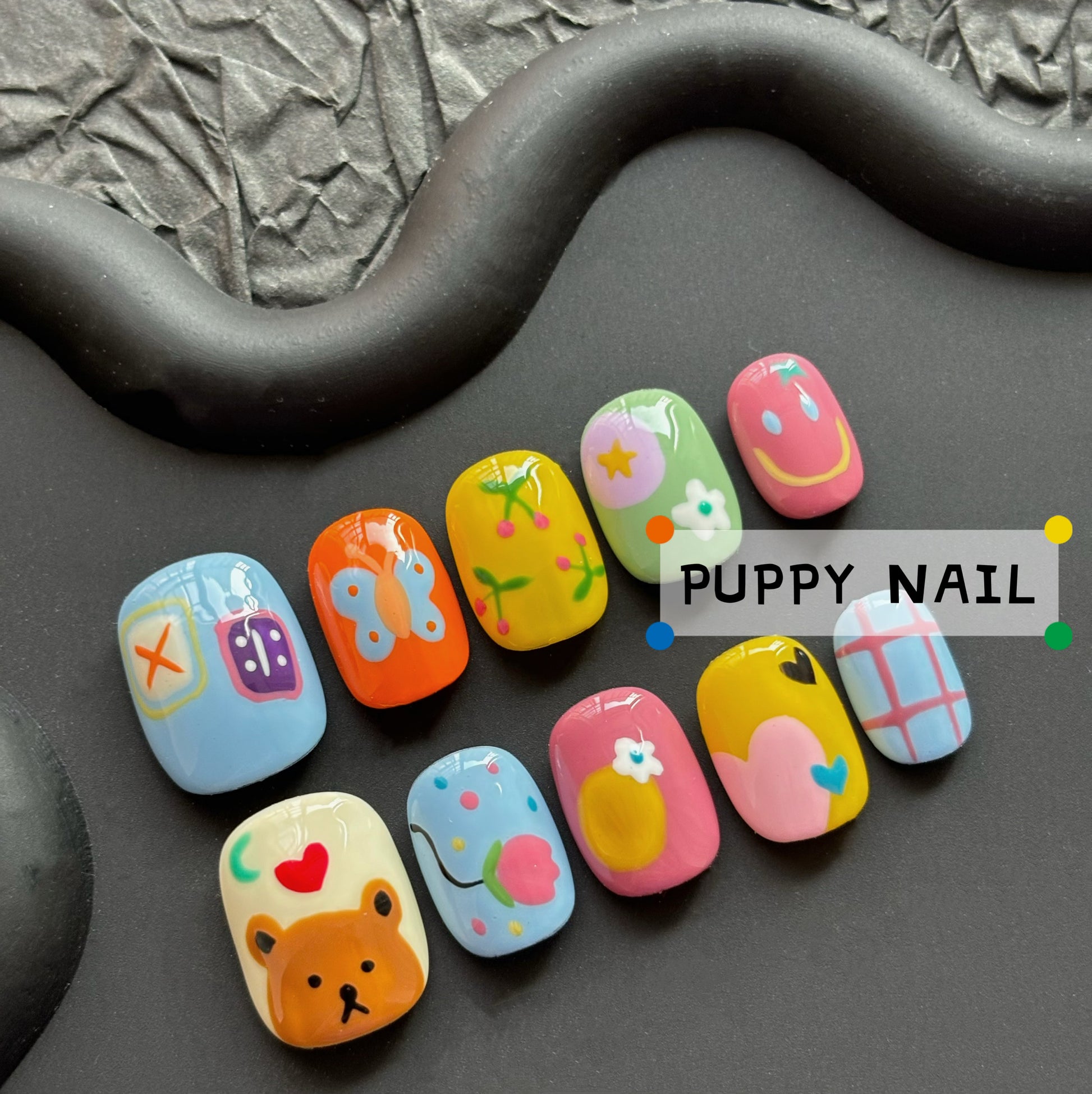 Harajuku-style Puppy Fun Bear dopamine nail art, featuring cute cartoon colorful short nails with a bright and playful design, perfect for a fun and cheerful look.