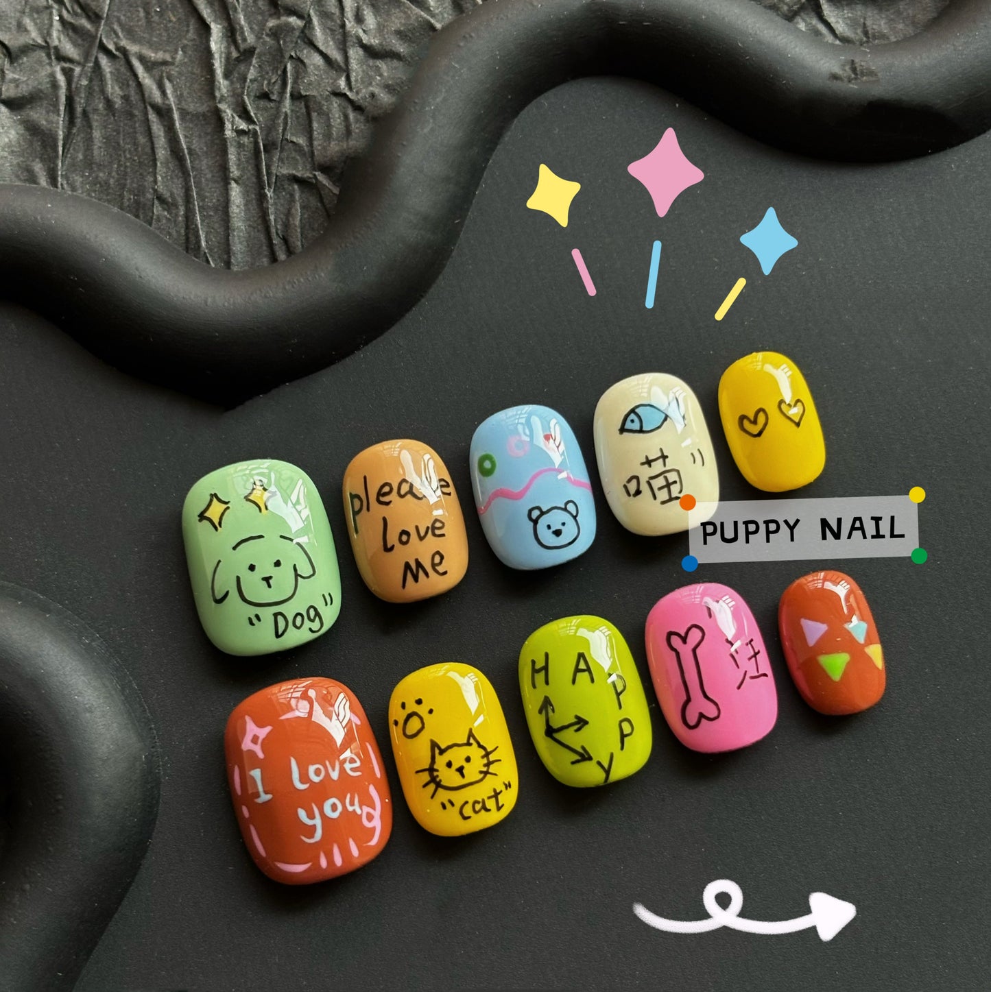 Meugler Harajuku-style PUPPY Graffiti cat and dog handmade wearable nail set, showcasing colorful and playful graffiti-inspired designs for a quirky, fun style.