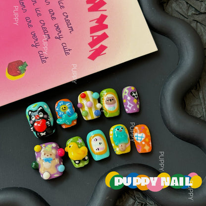 Meugler Harajuku-style PUPPY Kid Fun Park handmade wearable nail set featuring adorable 3D kitten designs, perfect for a playful, fun look.