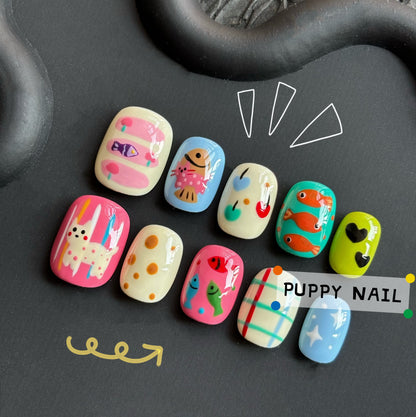 Harajuku-style Puppy Kitten and Fish hand-painted cute cartoon wearable nail art, featuring a playful design of a kitten and fish for a whimsical and fun vibe.