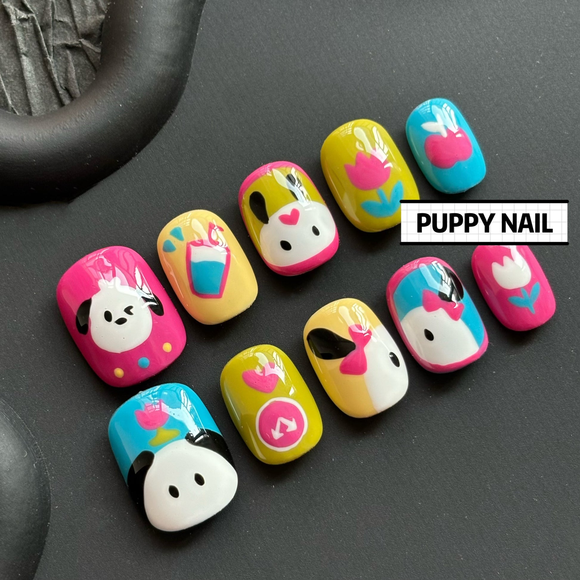 Meugler Harajuku-style Puppy Pacha dog hand-painted cute cartoon colorful short nail art, featuring vibrant and playful dog designs for a fun, quirky look.