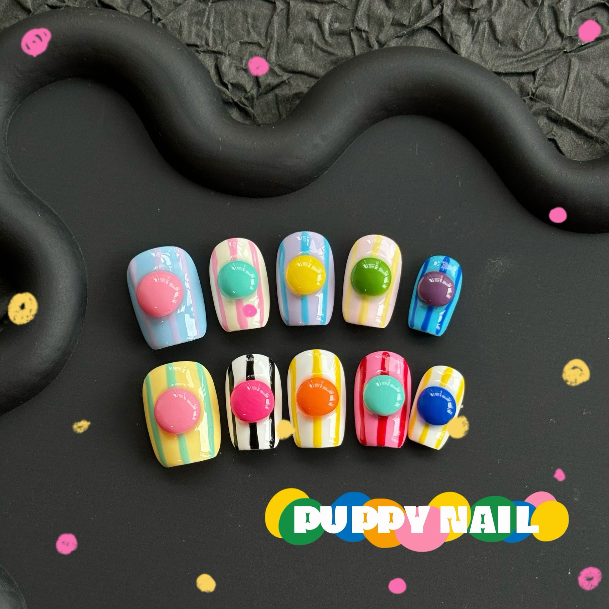 Harajuku-style Puppy Rainbow Jelly Bean wearable nail art featuring macaron line 3D candy hand-painted designs for a vibrant, sweet, and playful look.