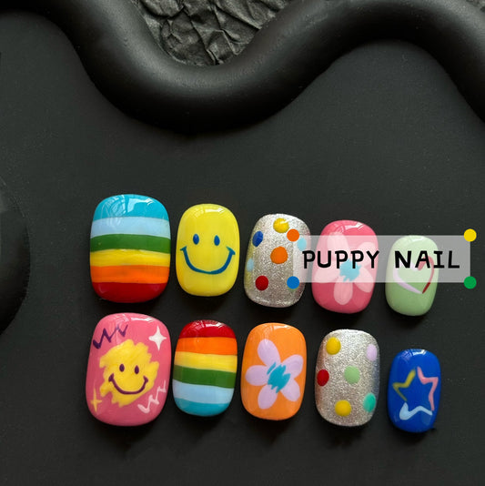 Meugler Harajuku-style Puppy rainbow smiley hand-painted Y2K-inspired colorful short dopamine nails, featuring vibrant hues and a playful, cute design perfect for a cheerful and trendy look.