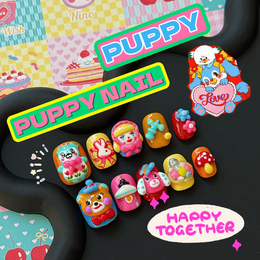 Harajuku-style Puppy retro doll 3D Y2K dopamine Christmas nails with festive designs, featuring playful doll imagery and vibrant holiday colors for a cheerful Christmas look.