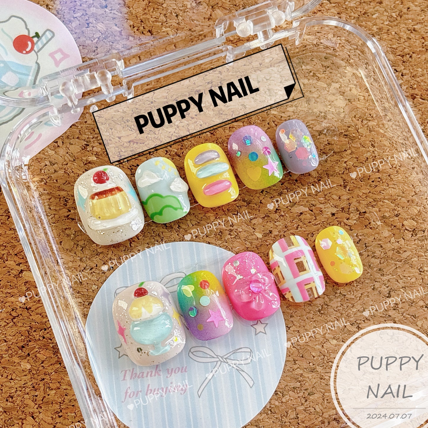 Harajuku-style Puppy Summer Sweets hand-painted dopamine nail art, featuring vibrant, playful designs with sweet treats for a fun, colorful summer look.