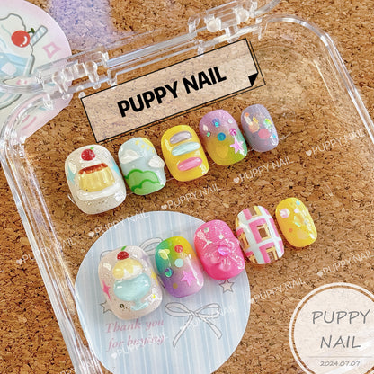 Harajuku-style Puppy Summer Sweets hand-painted dopamine nail art, featuring vibrant, playful designs with sweet treats for a fun, colorful summer look.