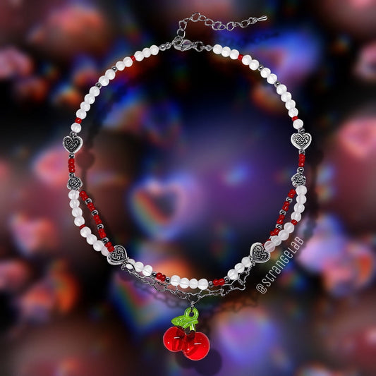 Strangelab Sweet Girl Magic glass bead cherry necklace featuring a Y2K-inspired handmade woven choker, a cute and colorful accessory with a playful, sweet vibe.