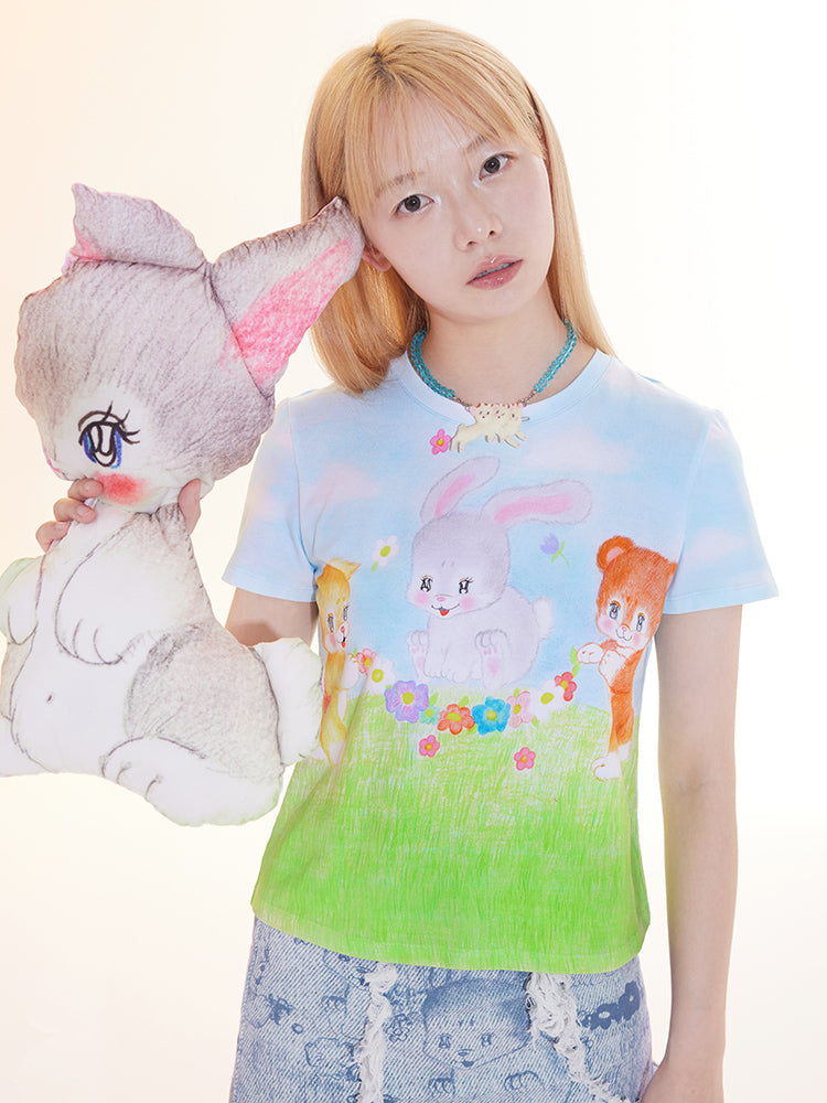 Tntntutu cute animal print Y2K fitted cotton t-shirt, a vibrant Harajuku-inspired style with playful animal motifs.