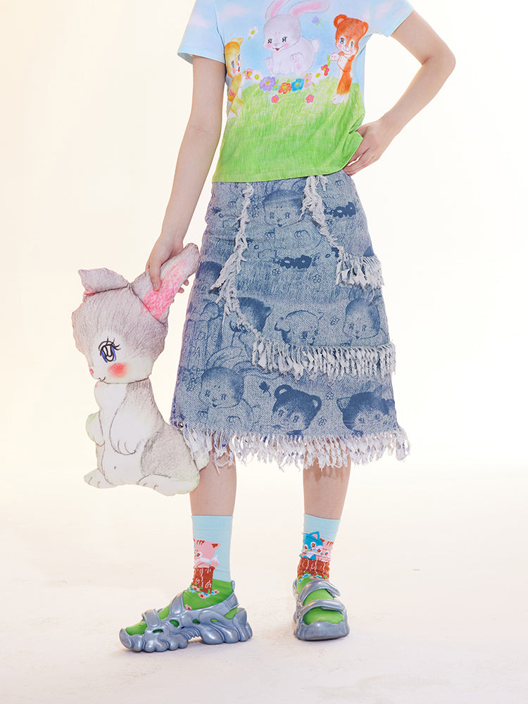 Tntntutu light blue animal print fringe mid-length A-line skirt, a cute and trendy piece with a playful Harajuku vibe.