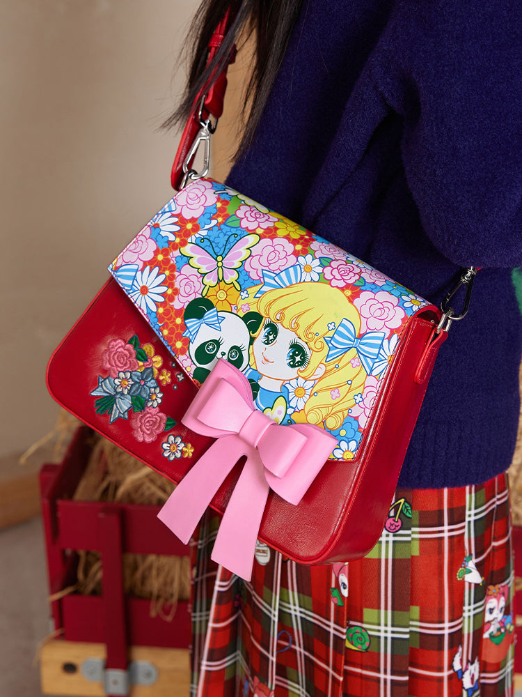 Tntntutu retro red square bag with Shojo print, a stylish and colorful accessory perfect for a Harajuku-inspired look, featuring vibrant artwork and a trendy design.