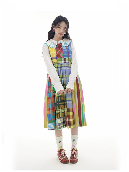 Harajuku Dress Colorful Dress Patchwork Dress Plaid A-line Dress Pockets Dress dress tntntutu