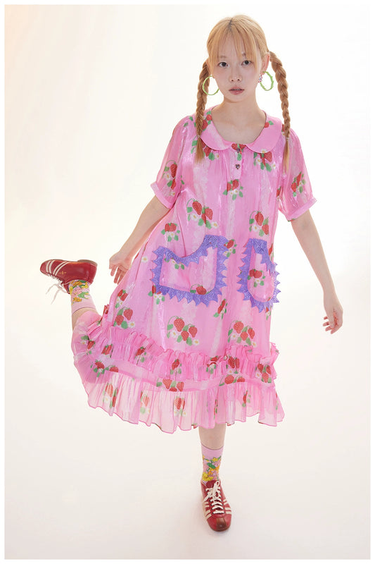 Harajuku Dress Strawberry Dress Doll Collar Dress Satin Ruffled Hem Dress dress tntntutu